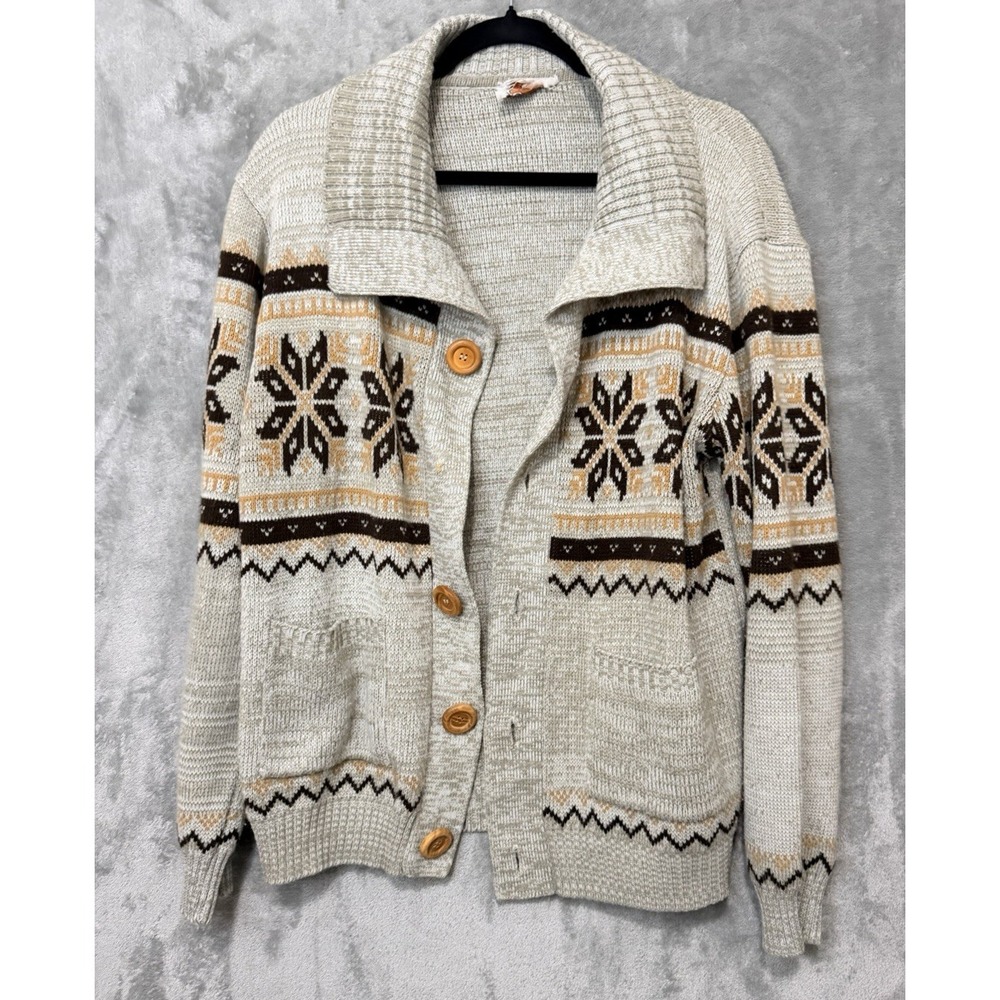 VINTAGE Sweater Mens Large Brown Cardigan‎ Wool Snowflake Button Pockets